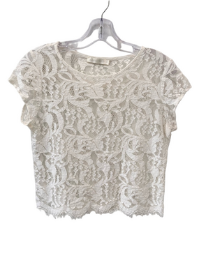 Flamant Rose Lace Crop Top Medium Sheer Scalloped Hem Cap Sleeve Coquette Boxy